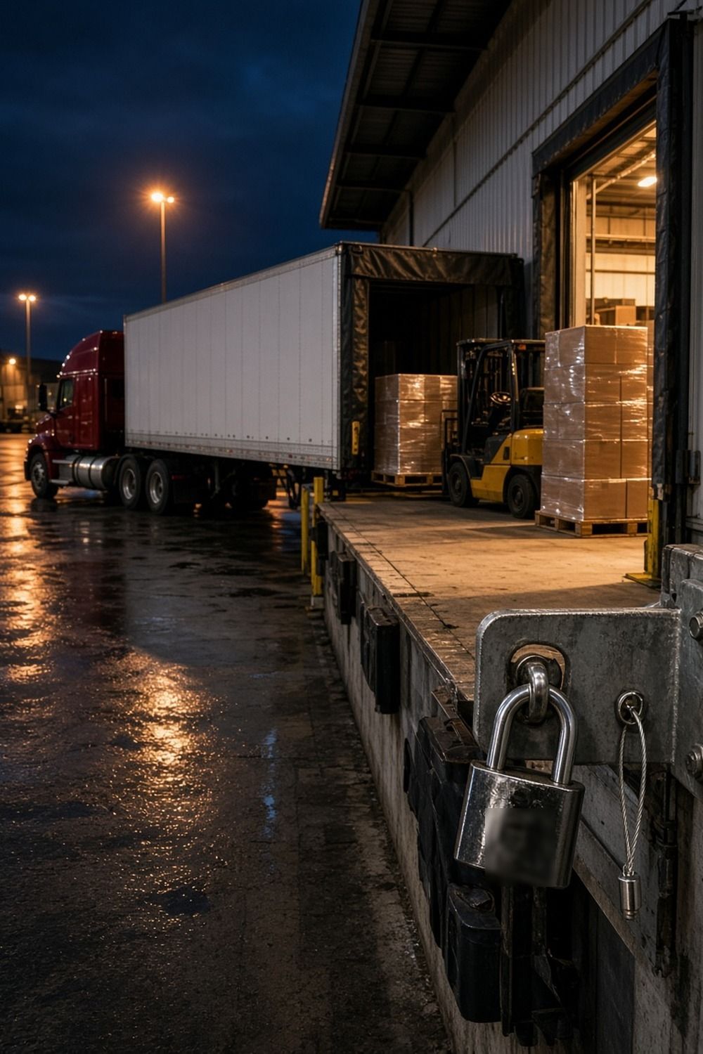 Red semi truck with a white dry van trailer backed into a warehouse loading dock at night, wrapped pallets and a forklift inside and a padlock on the dock latch