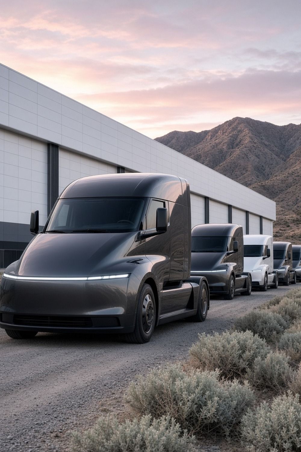 Row of sleek charcoal and white electric semi trucks parked outside a large white factory in the Nevada desert at dawn