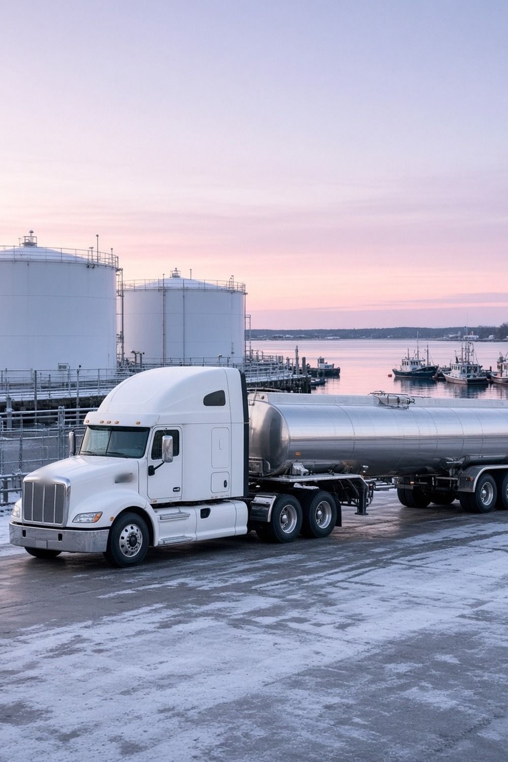 White semi truck pulling a stainless steel fuel tanker at a frosty harbor oil terminal with storage tanks and fishing boats at dawn