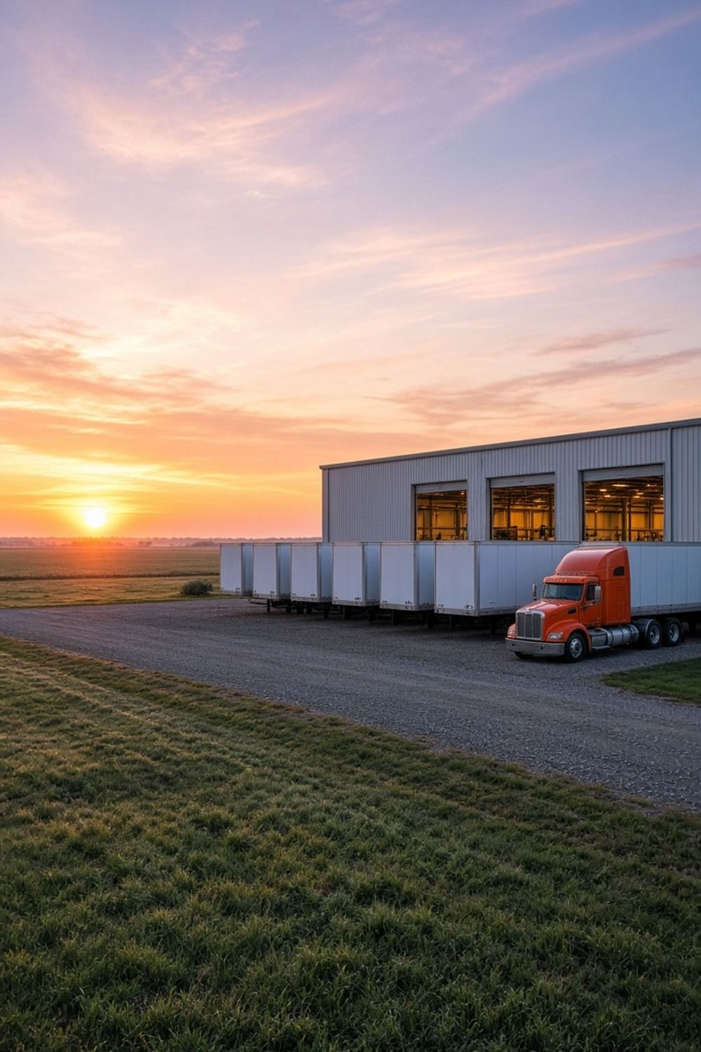 Orange semi truck parked beside a row of new white trailers at a trailer factory on the Illinois prairie at sunrise