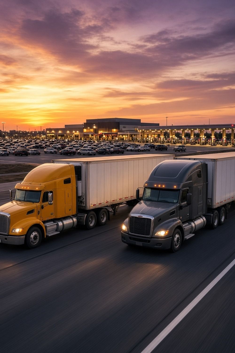 Yellow and gray semi trucks pulling trailers past a large travel center with fuel canopies and a full parking lot at sunset
