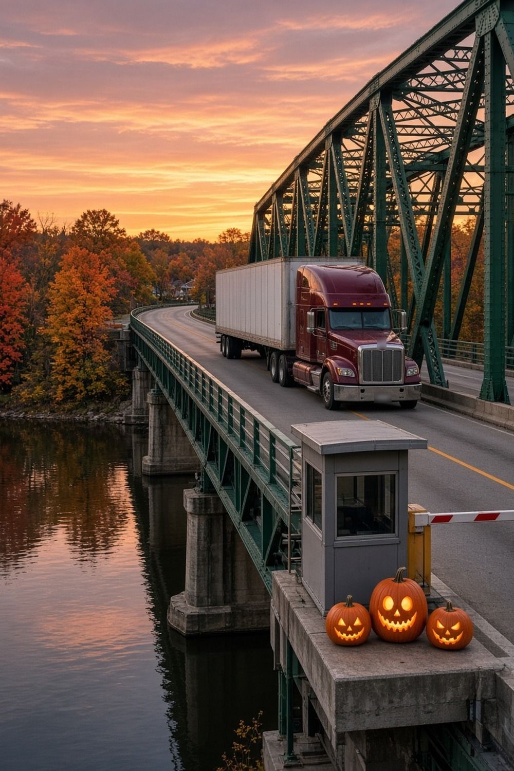 Burgundy semi truck crossing a green steel truss bridge over a river in autumn, a toll booth with three glowing jack-o-lanterns in front