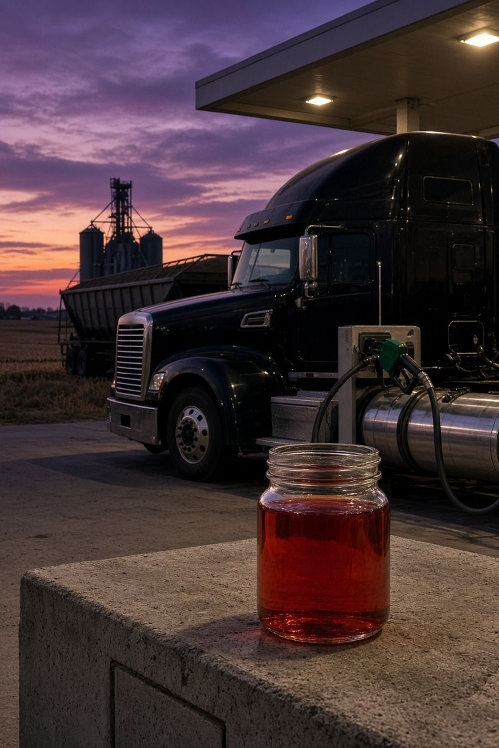 Glass jar of red dyed diesel on a concrete ledge in front of a black semi truck at a fuel pump, a grain elevator on the horizon at dusk
