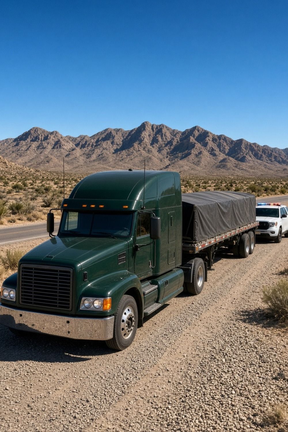 Green semi truck with a tarped flatbed trailer stopped on a gravel pull-out for a roadside inspection, a white patrol SUV parked behind it and desert mountains beyond