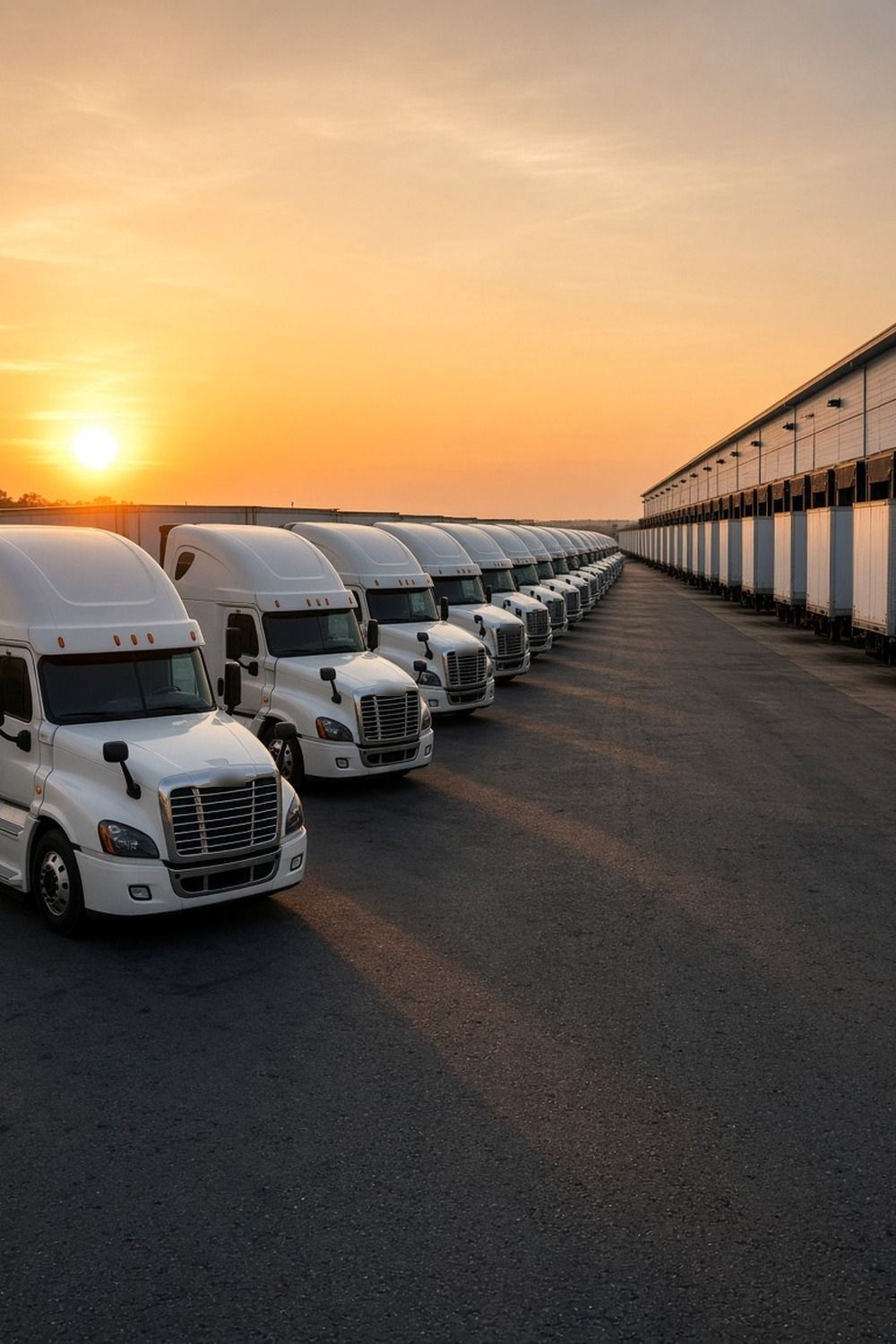 Long row of white sleeper semi trucks lined up at a freight terminal with trailers backed into the docks at sunrise